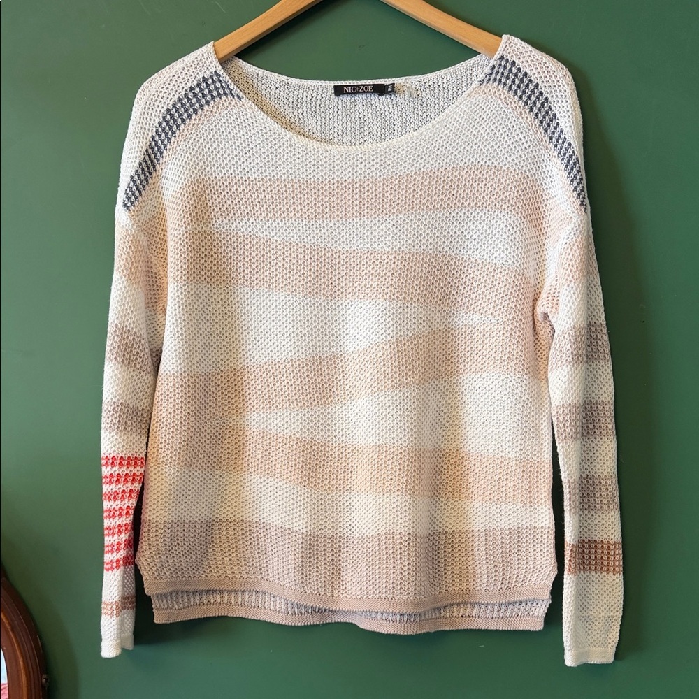 NIC+ZOE Cannon Striped Linen Blend Open Knit Womens MP Sweater Lightweight